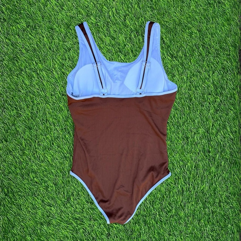 Brown One-Piece Swimsuit with white Trim - Picture 2 of 2
